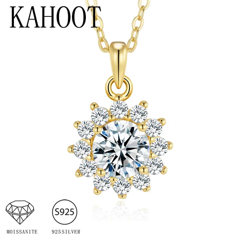 Collier pendentif en moissanite de haute qualité avec un motif tournesol, fabriqué en argent sterling 925 et plaqué or 14 carats.