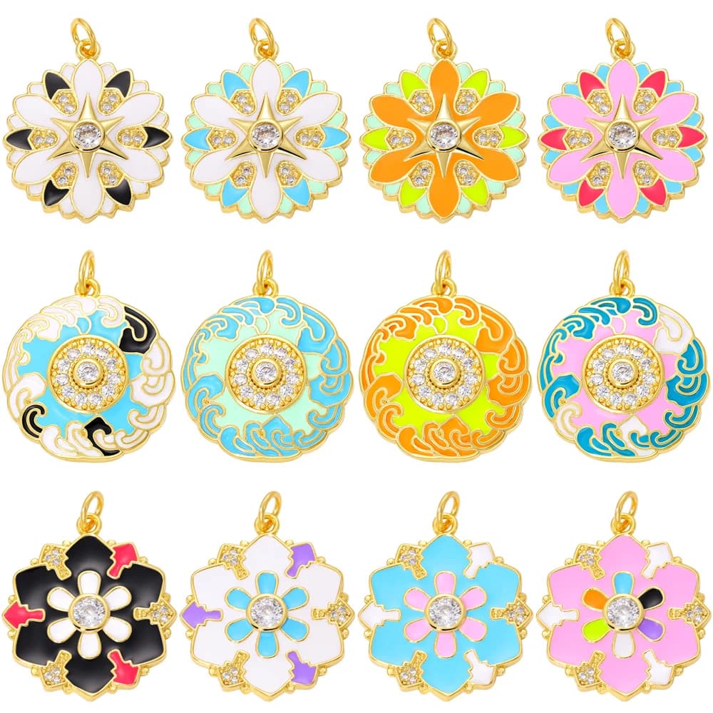 Juya 18K plaqué or artisanat coloré émail rond fleur breloques pour bricolage femmes mode décorations fabrication de bijoux