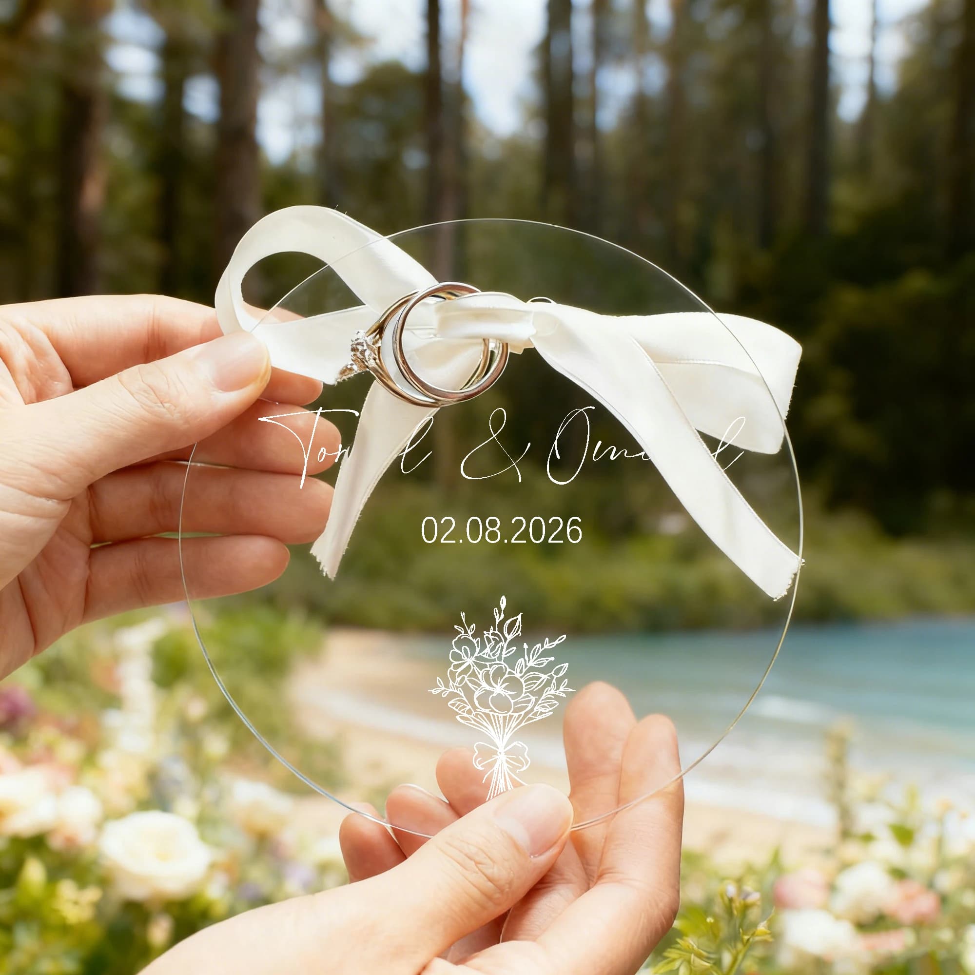 Support de bague miroir en acrylique personnalisé avec ruban blanc, personnalisé pour la décoration de mariage, parfait pour les bijoux et les Occasions spéciales