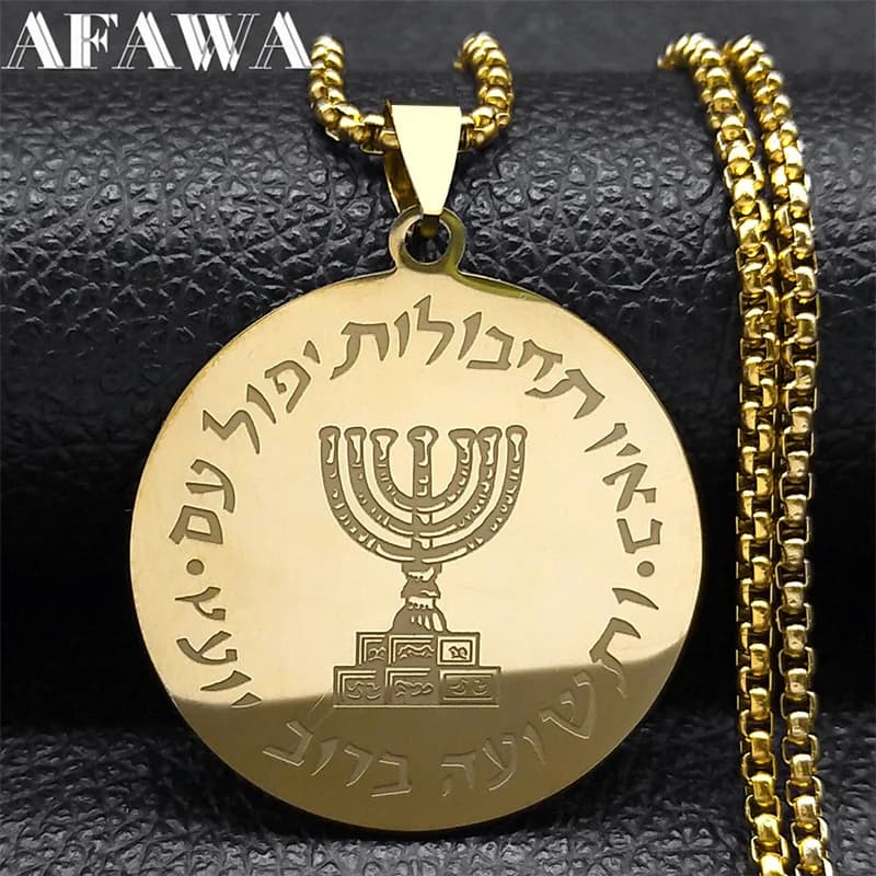 Hebrew Hanukkah Menorah bougies jérusalem collier pour femmes hommes acier inoxydable israël juif Magen chaîne bijoux N2665-3S02