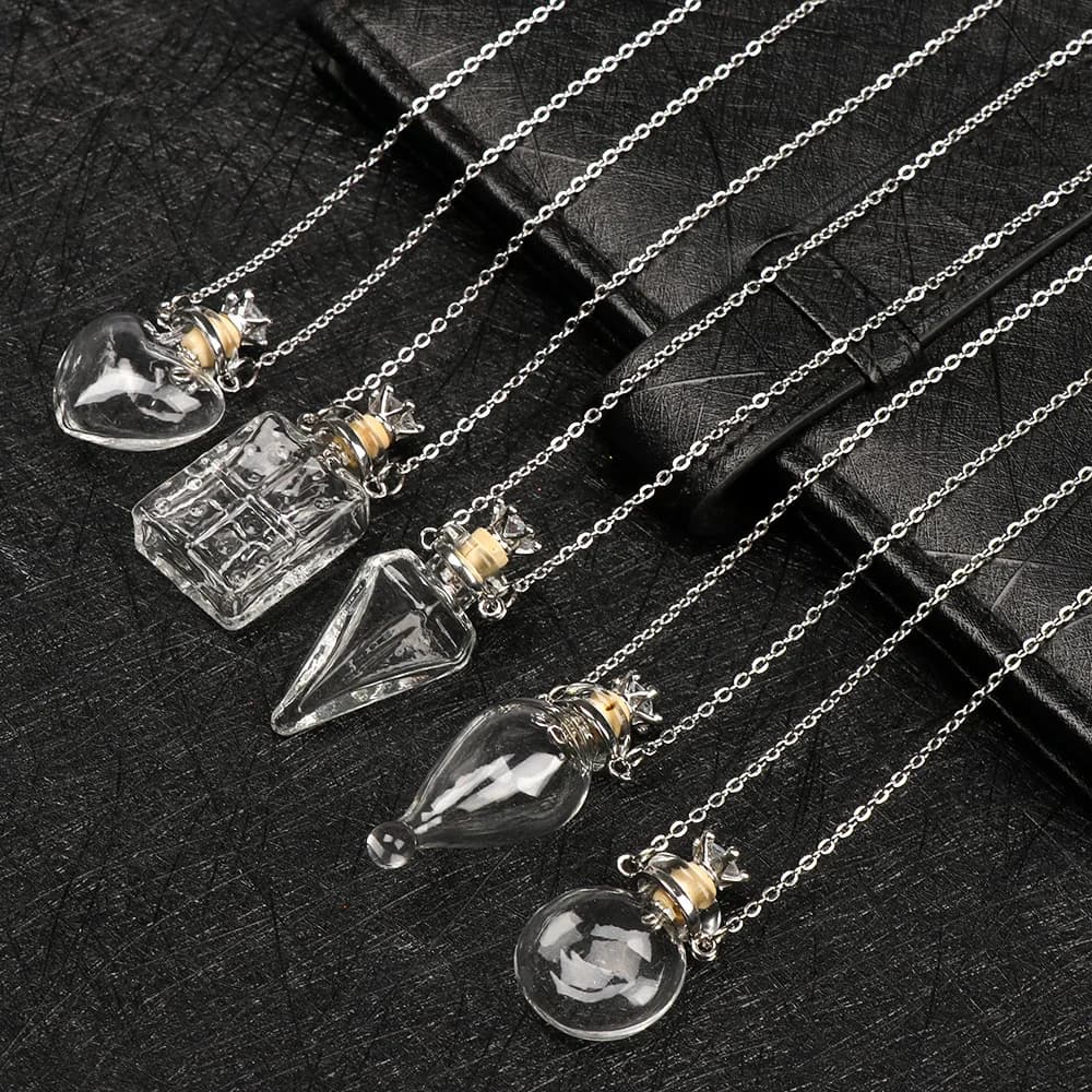 Flcopropriété en verre transparent avec bouchon à vis ouvrable, collier, bouteille de souhait, pendentif de fleur séchée, bijoux, pots de parfum en acier JOCharm