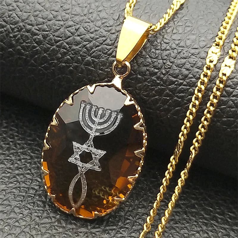 Menorah Star David juif Magen Judaica hébreu collier en verre pour femmes hommes en acier inoxydable israël foi lampe Hanukkah bijoux