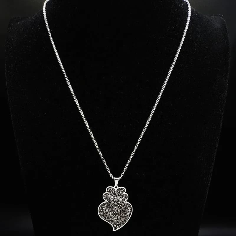 Portugal Folk Viana coeur fleur pendentif collier pour femmes hommes en acier inoxydable couleur argent chaîne bijoux coeur de viana QKC