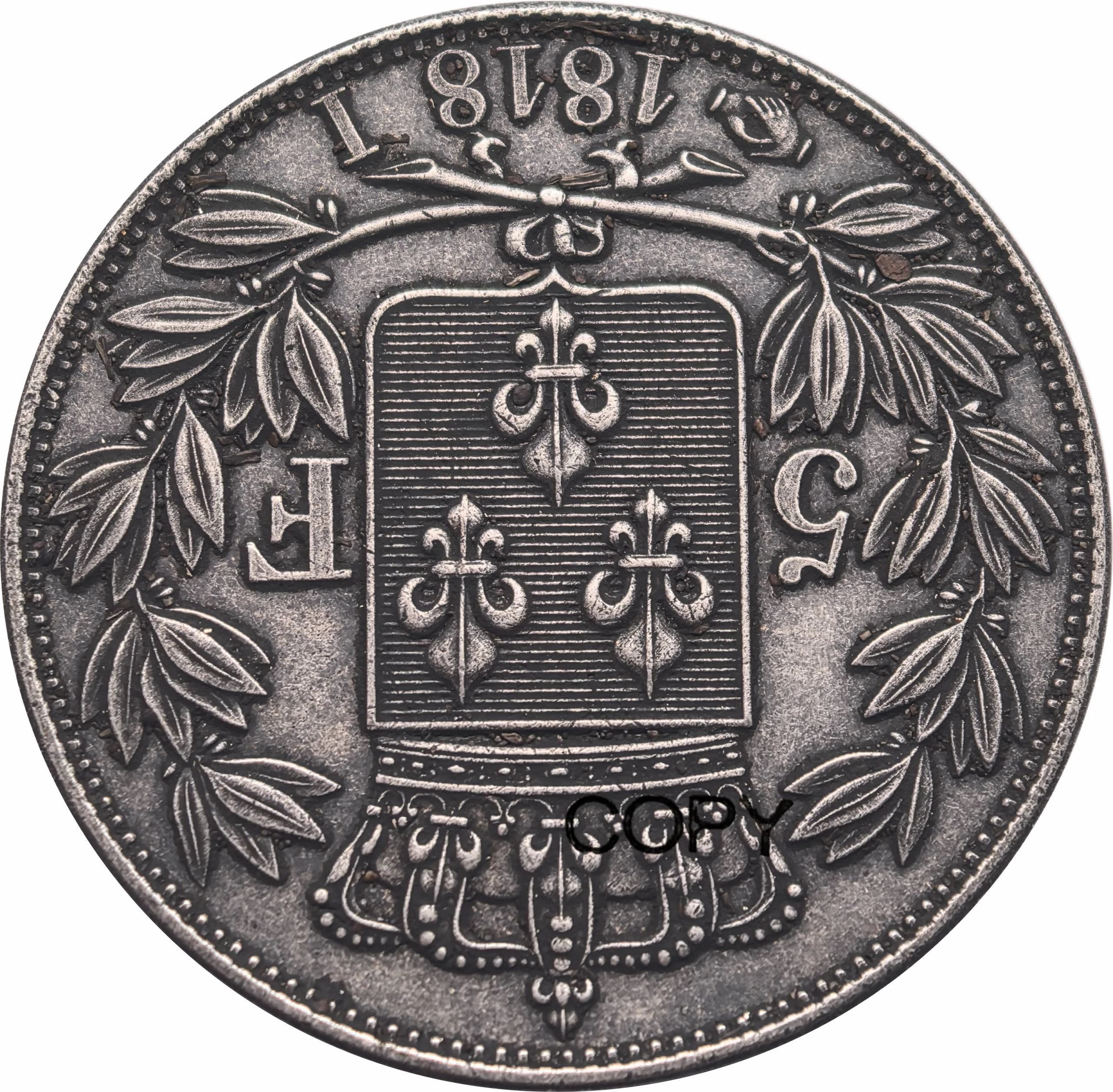 France 1818 I 5 Francs Louis XVIII tête nue pièce métal laiton plaqué argent Souvenir à collectionner réplique pièces