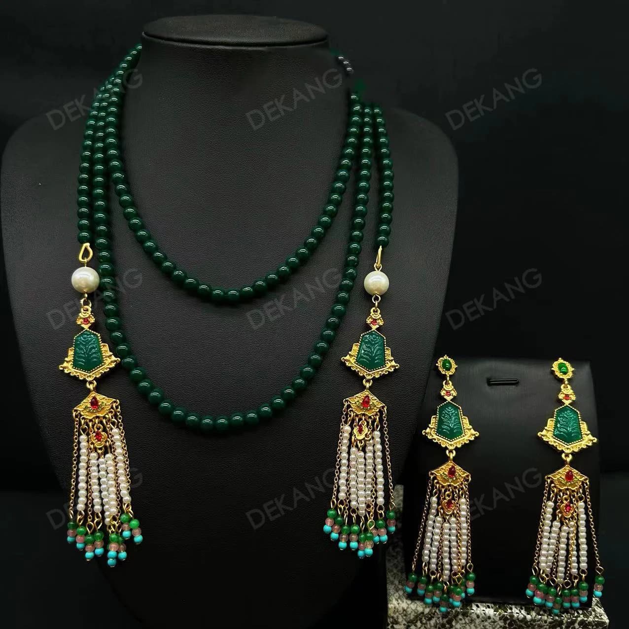 Nouveau Collier et boucles d'oreilles totem à thème ethnique de perles à franges de Style chinois