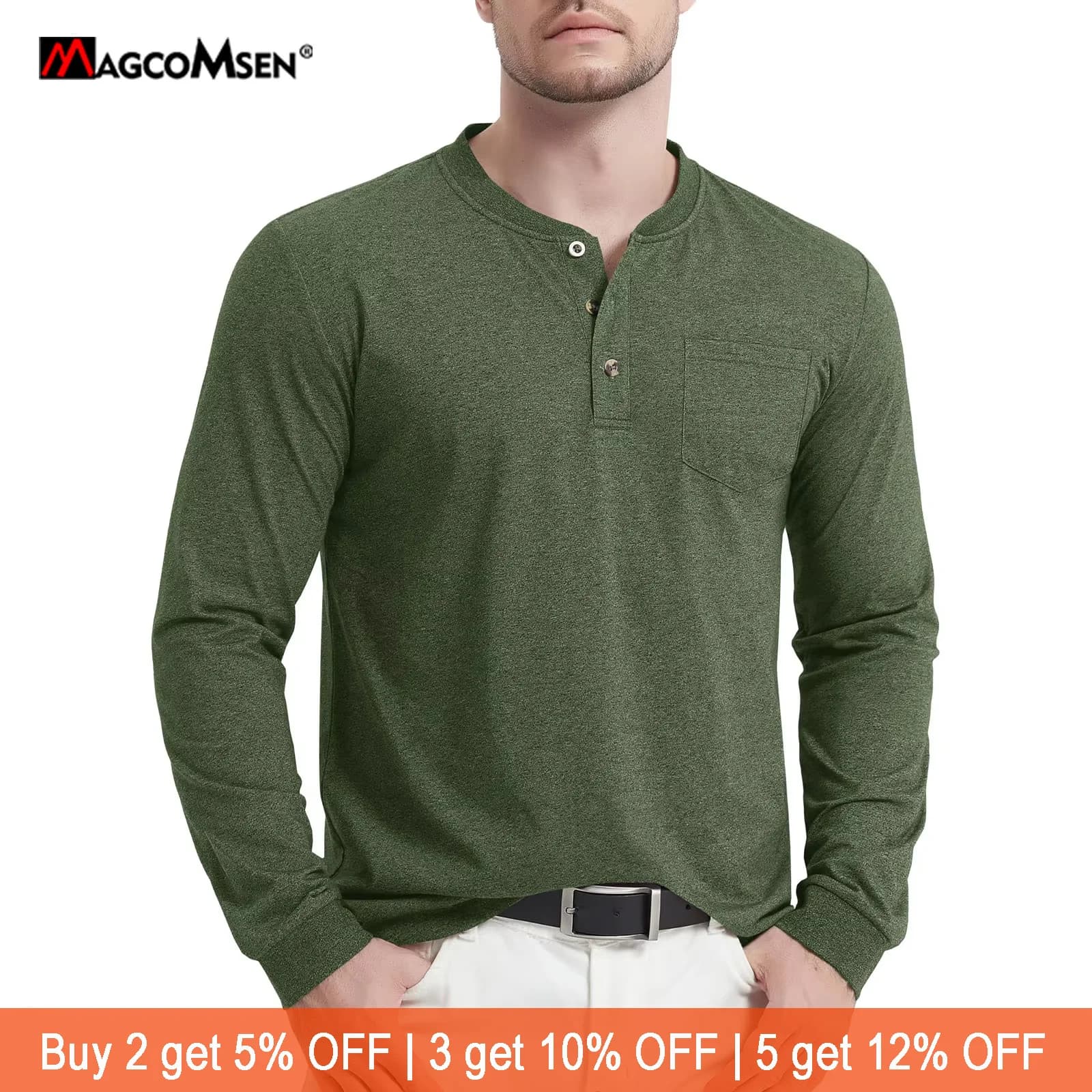 Chemise à col Henley pour homme MAGCOMSEN, mélange de coton, manches longues, haut décontracté, poche, patte de boutonnage, randonnée quotidienne, t-shirt d'extérieur