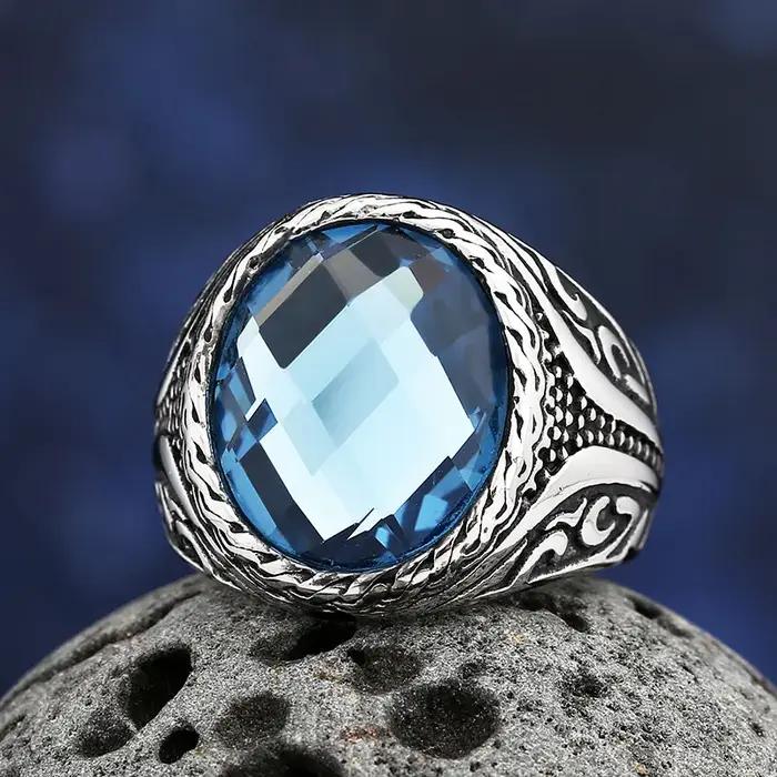 Bague en Acier Inoxydable avec Pierre Bleue pour Homme et Femme