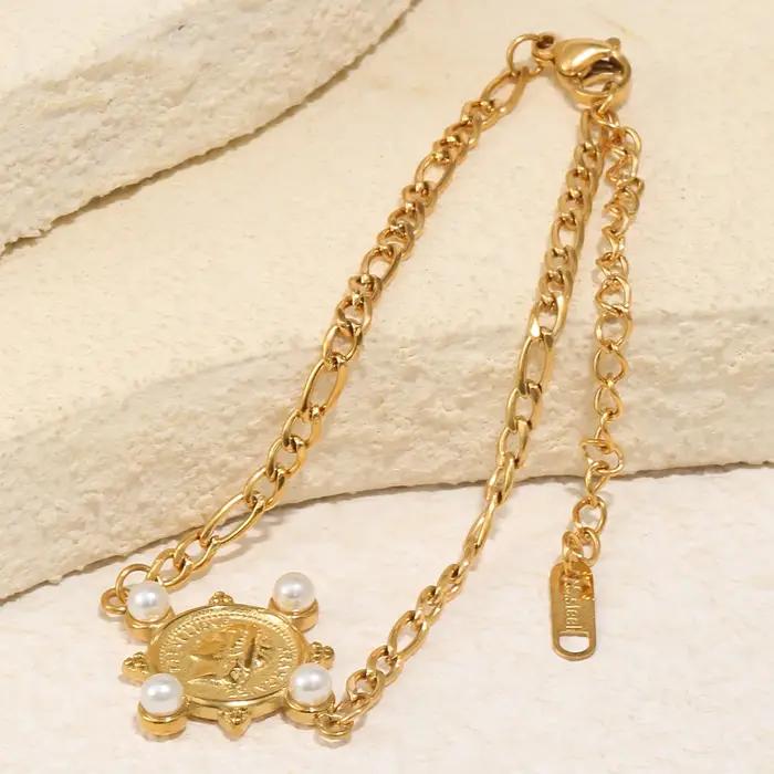 Bracelet E.B.belle Figaro en acier inoxydable plaqué or avec pièce de monnaie et perles imitation bijou quotidien pour femmes élégantes et sophistiquées