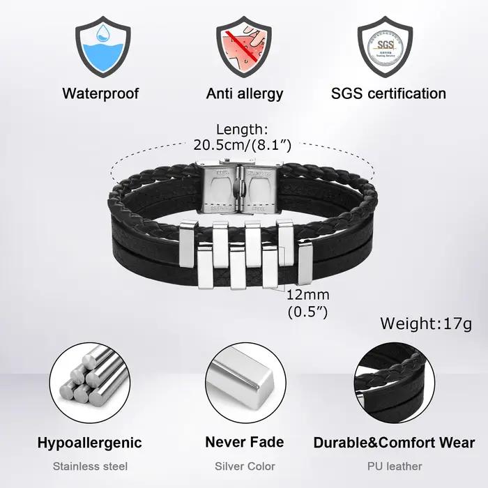 Bracelets en Cuir Noir à 3 Couches en Acier Inoxydable pour Homme
