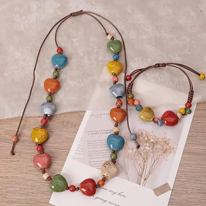 2 pièces, un collier et un bracelet, collier Dopamine en céramique, artisanat, collier en céramique, perles colorées faites à la main, réglable