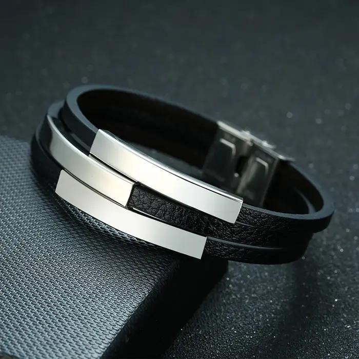 Bracelet en Cuir Noir Personnalisé avec Étiquette d'Identification