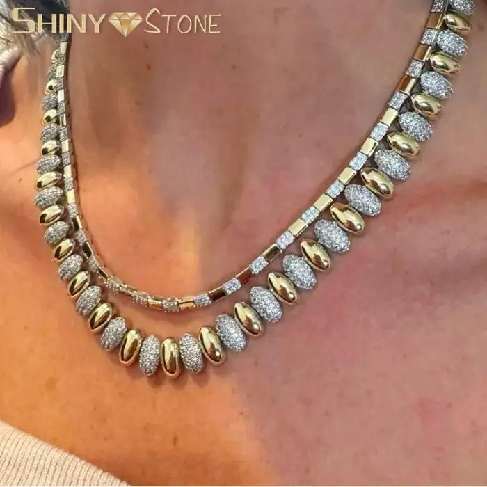 Nouveau Collier Ras du Cou Unisexe Tendance Chaîne Serpent Maille Chevrons Dorée Perles Pavé CZ 5A Bijoux Femme