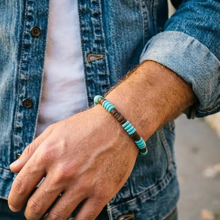 Bracelets vintage en perles turquoise pour hommes, bracelet bohème avec breloque en bois, bijoux