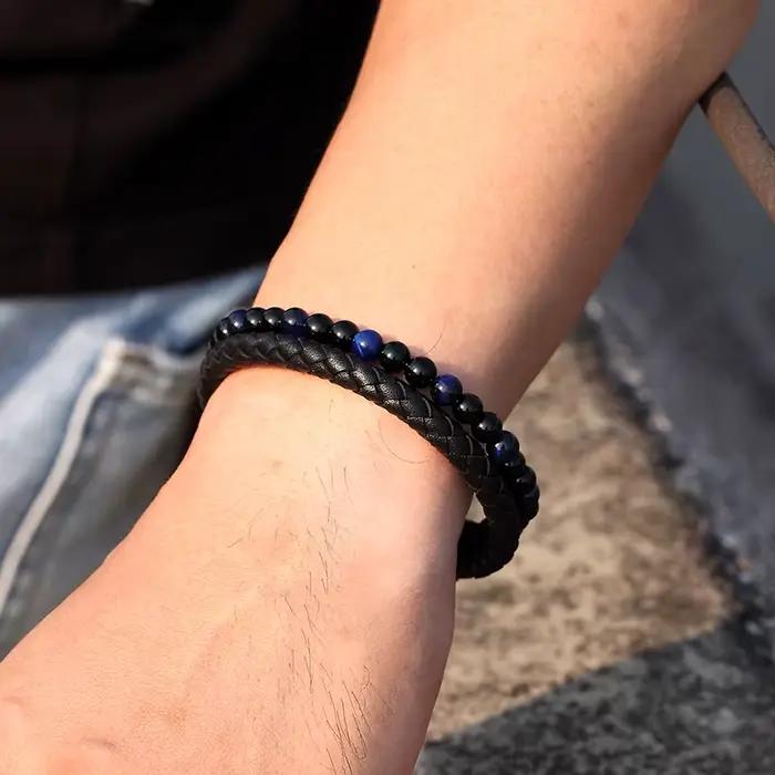 Bracelet tressé en cuir véritable pour hommes