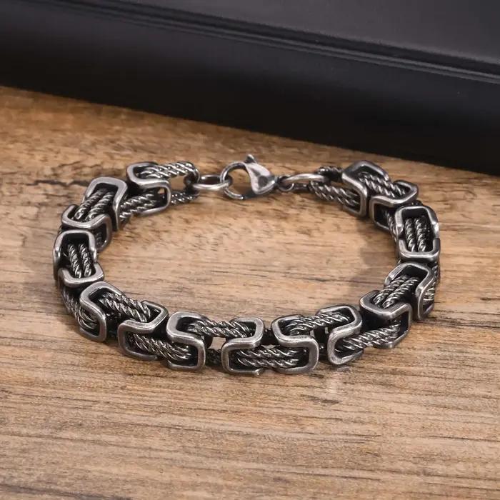 Bracelet Byzantin Epais Pour Hommes En Acier Inoxydable Gris Retro Cadeau De Bijou Vintage Pour Lui Garcon Occasions Speciales