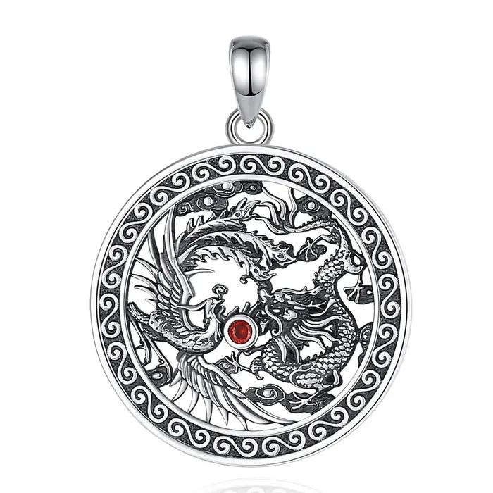 Eudora-Collier Phoenix Dragon en Argent Sterling 925 pour Homme et Femme, Pendentif Amulette Rouge V