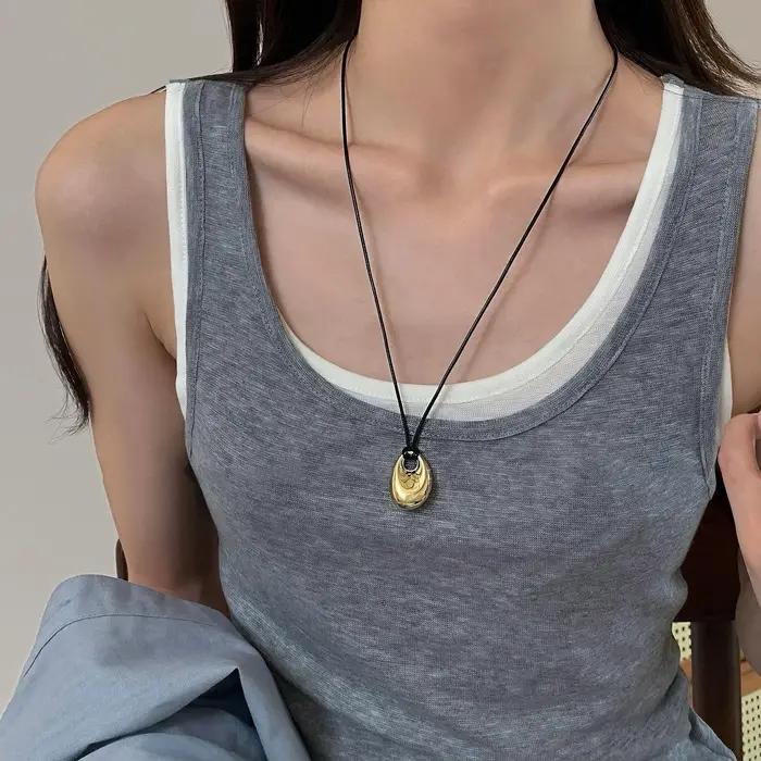 Collier réglable en cuir PU avec pendentif haricot irrégulier, chaîne de clavicule, breloque géométr