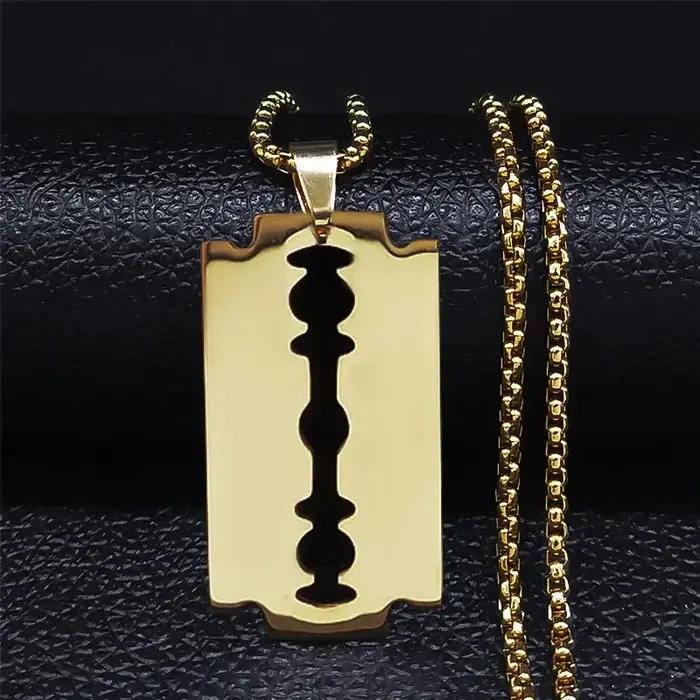 Collier long lame de rasoir en acier inoxydable pour hommes et femmes, document noir, punk, gothique
