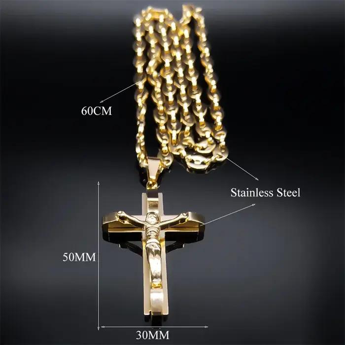 Collier crucifix de Jésus pour hommes en acier inoxydable couleur or chaîne de grains de café bijou croix chrétienne pour occasions spéciales