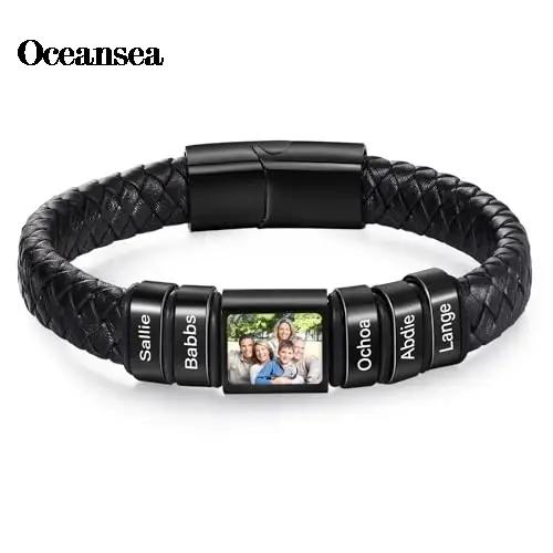 Bracelet Photo Personnalisé pour Homme en Acier Inoxydable avec Gravure Nom et Motif Paix Occasions Spéciales Mode Hiphop Rock