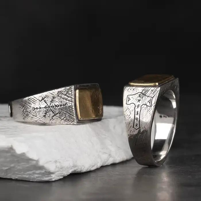 Bague marteau nordique en argent incrusté de cuivre, Rune Viking, bijoux en argent