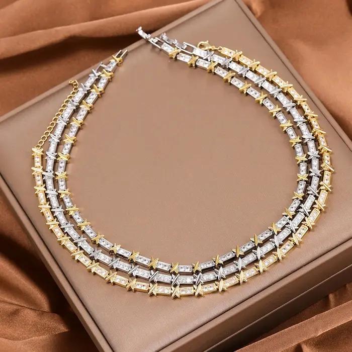 Collier en zirconium bicolore en forme de T avec lettre X pour femme, élégant et polyvalent pour diverses occasions et cadeaux d'exception