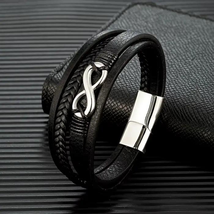 MKENDN classique hommes infini Bracelet tissé multicouche tressé en cuir Bracelets pour femme noir en acier inoxydable bijoux cadeaux