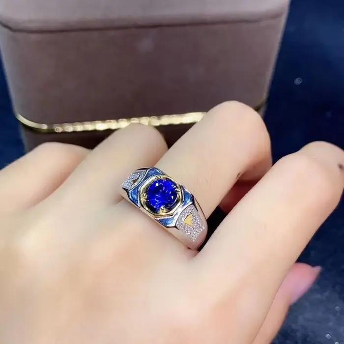 Bague en argent regardé 925 avec saphir bleu royal pour homme