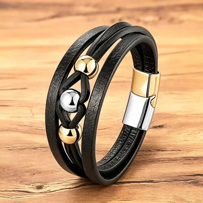 Bracelet en cuir pour homme – Cuir tressé noir multi-couches, perles en acier inoxydable, bijoux str