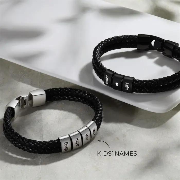 Cadeau de fête des pères Bracelet en cuir personnalisé pour hommes noms d'enfants gravés personnalisés Bracelets de perles pour papa mari Punk bijoux garçon