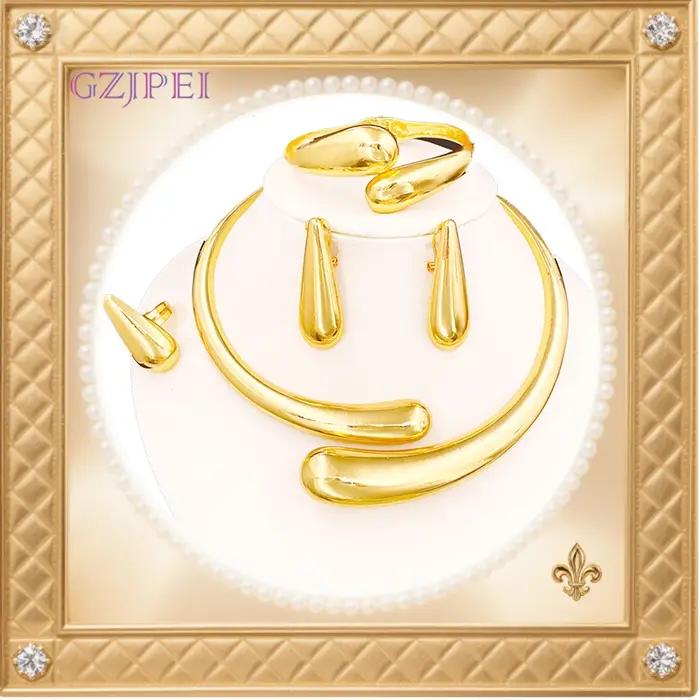 GZJPEI 2025 nouveau ensemble de bijoux exagéré gothique goutte d'eau manchette bracelet anneau Chic lisse métal grand collier boucles d'oreilles cadeau de mariage