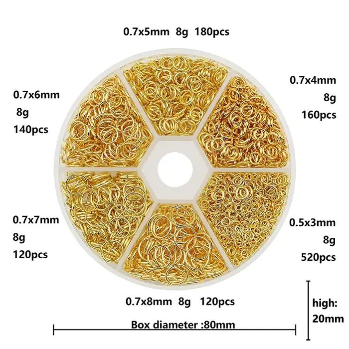 Ensemble de bagues ouvertes en alliage de couleur or, kit d'accessoires pour bricolage, bracelet, collier, chaîne, fournitures de fabrication, diverses tailles pour la création et la réparation de bijoux