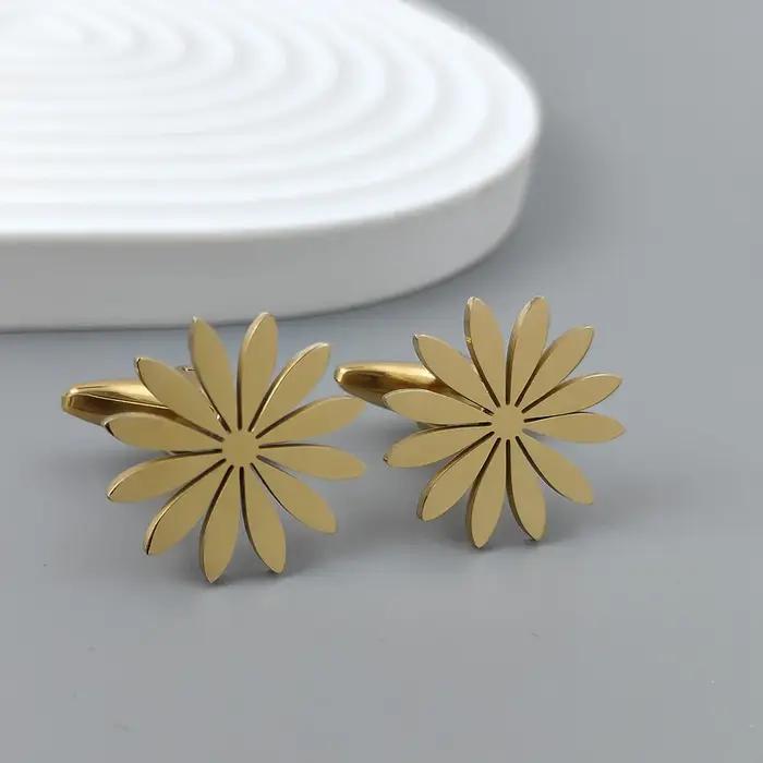 Boutons de manchette en acier inoxydable plaqués or 18 carats design marguerite élégant épingles à revers pour hommes occasions spéciales cadeaux amicaux