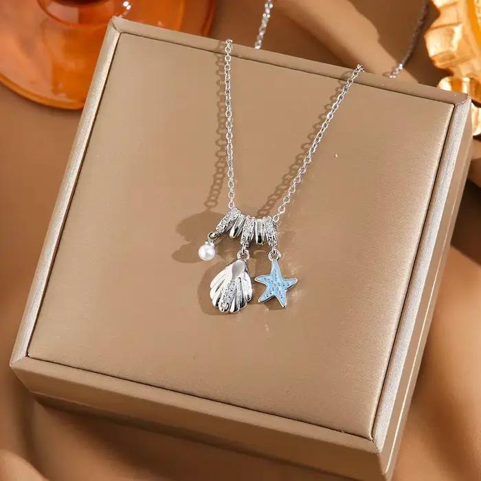 Collier multi-breloques style marin, étanche, en acier inoxydable, avec pendentifs étoile de mer ble
