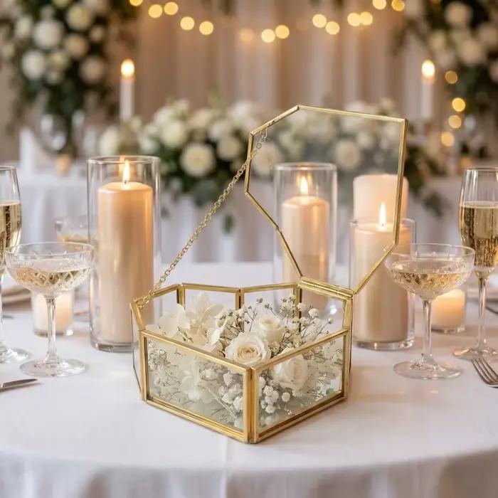 Boîte à Bijoux Élégante en Verre Transparent Forme de Cœur Design Géométrique Présenteur de Bijoux Portable pour Femmes Occasions Spéciales