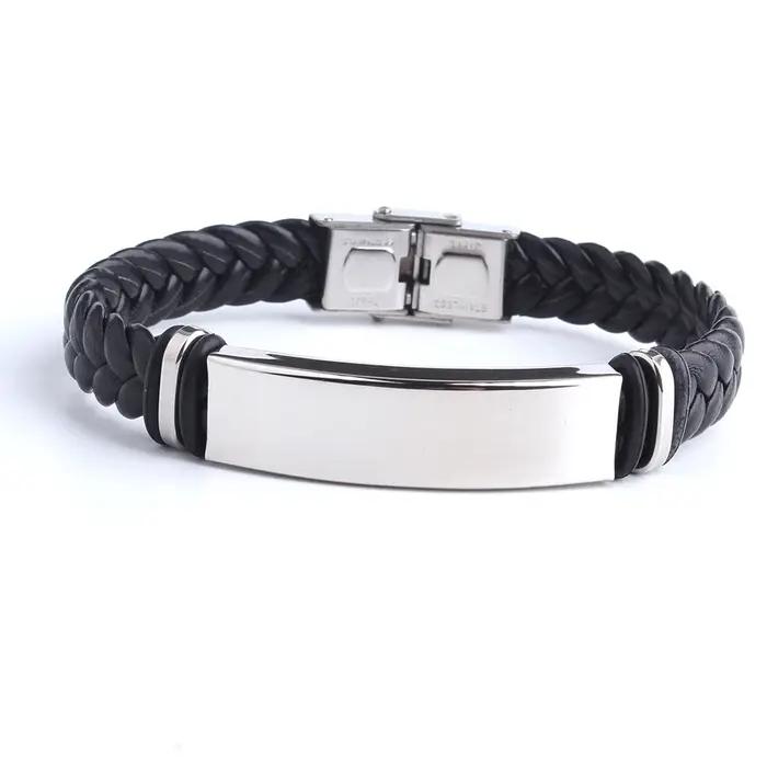 Logo personnalisé nom graver Bracelet en cuir couleur noire personnaliser Bracelets en acier inoxyda