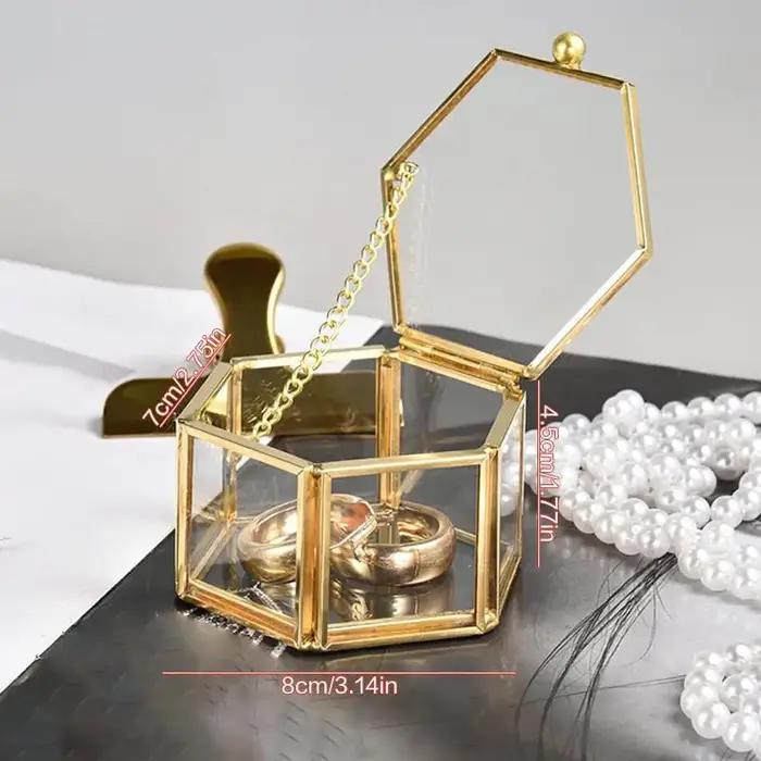 Boîte à bijoux hexagonale haut de gamme en verre doré pour rangement et décoration de bijoux et accessoires élégants pour femme occasions spéciales