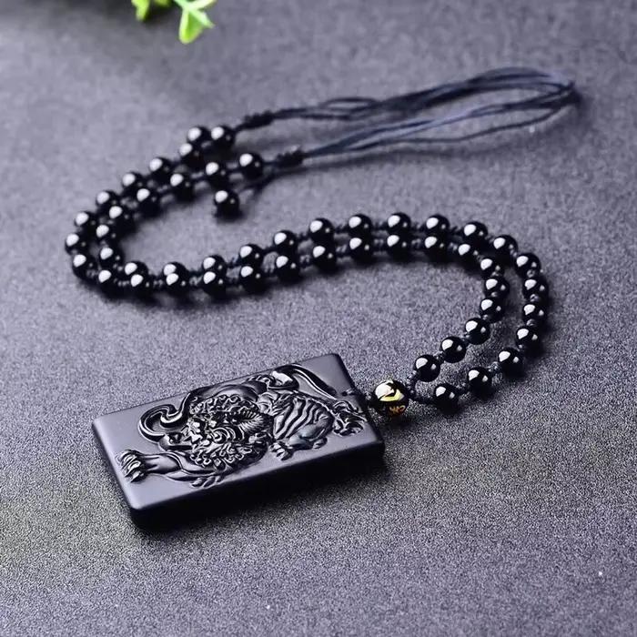 Collier Pixiu en obsidienne pour hommes et femmes, pendentif carré, bijoux de marque