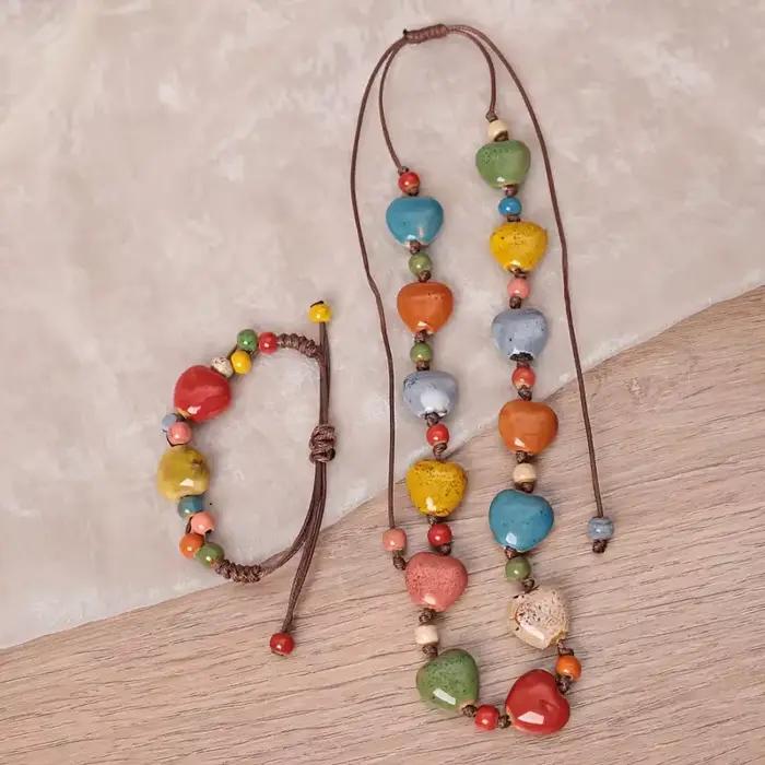 2 pièces, un collier et un bracelet, collier Dopamine en céramique, artisanat, collier en céramique, perles colorées faites à la main, réglable