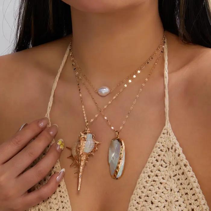 Collier Statement à 3 couches avec breloque en imitation perle coquillage conque pour femme, chaîne