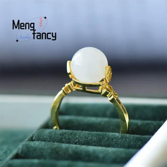 Bague en cuivre incrusté de jade blanc Hetian naturel, forme œuf de pigeon, bijoux de mode exquis, c