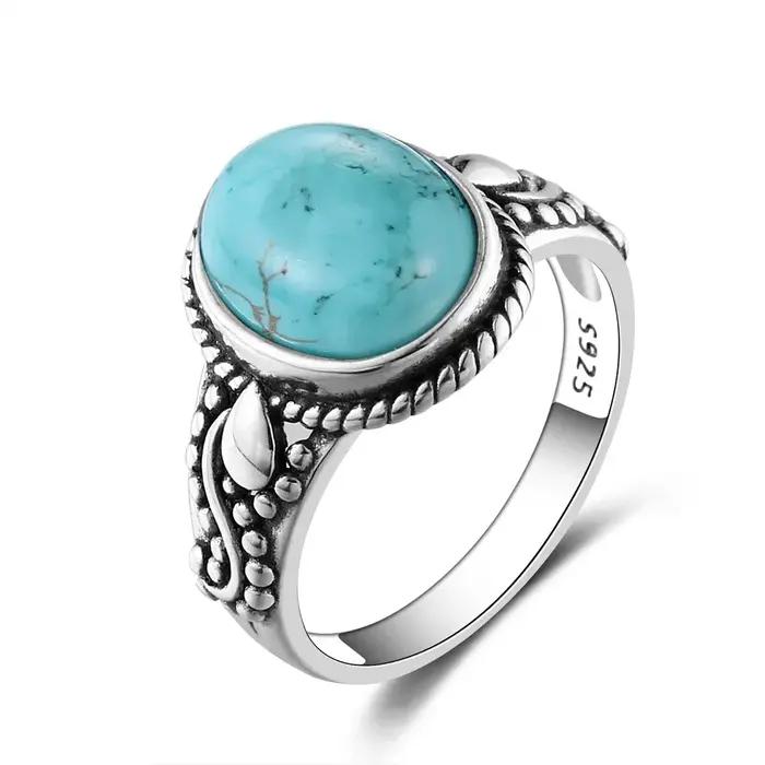 Bagues en turquoise naturelle de haute qualité pour hommes et femmes, plaquées argent, bijoux rétro