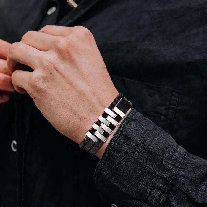 Bracelets en Cuir Noir à 3 Couches en Acier Inoxydable pour Homme