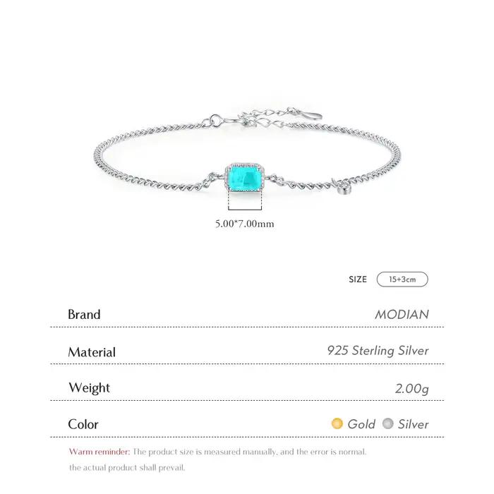 Modian pur 925 en argent Sterling élégant Rectangle Tourmaline Paraiba Bracelet mode lien chaîne pour les femmes bijoux de mariage cadeaux