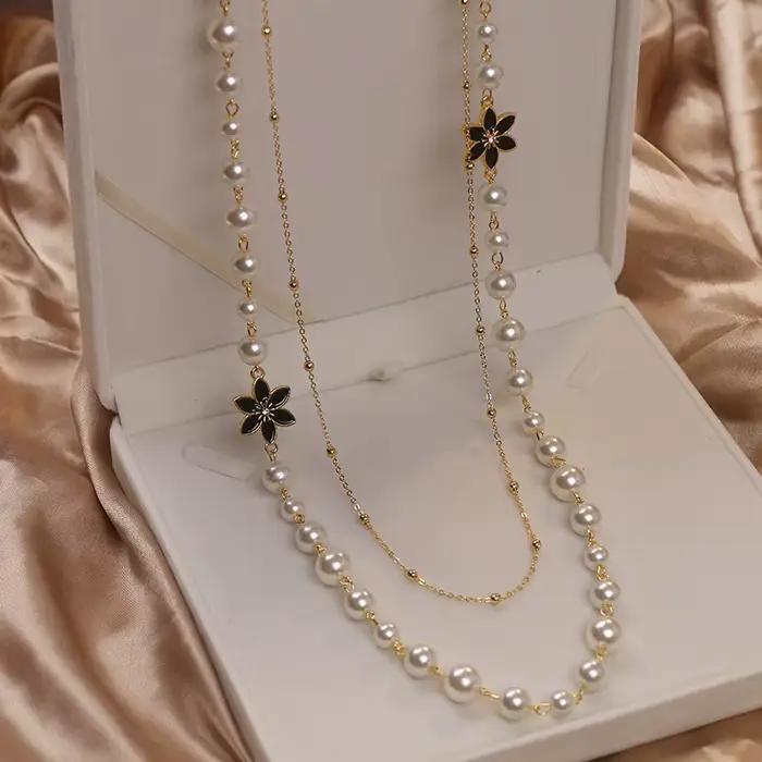 Femmes perles Double couches Long collier de haute qualité fête de mariage bijoux accessoires pour dame chaîne élégante Collares de moda
