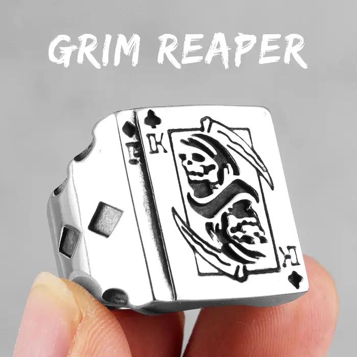 Grim Reaper Poker King Skull Bagues en acier inoxydable pour hommes, Gothique, Punk, Bijoux de motard, Cadeau créatif, Vente en gros, Homme, Petit ami