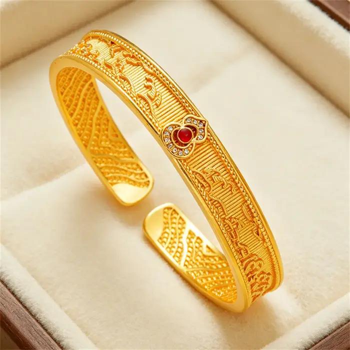 Bracelet manchette ouvert en or massif 24K AU999, motif nuage filigrané Ruyi, avec gemme rouge, unisexe, vintage, pour homme, femme, couple, bijou porte-bonheur, cadeau de mariage