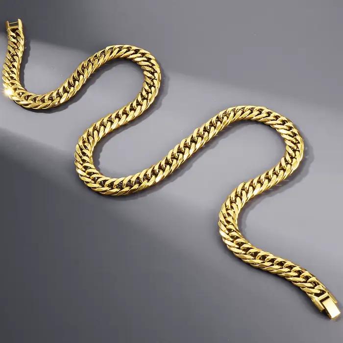 Collier chaîne à maillons de 12 mm de largeur pour hommes, finition polie mate, acier inoxydable 316L, collier ras du cou, couleur or, bijoux hip-hop pour homme