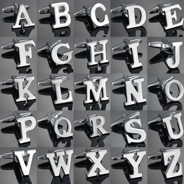 Boutons de manchette simples couleur argent 26 lettres pour hommes