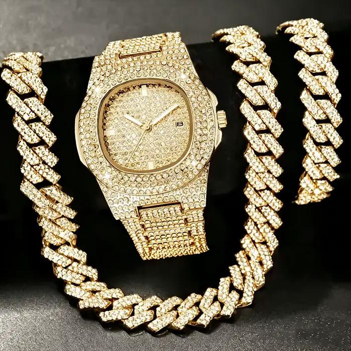 Ensemble de 3 montres pour hommes de luxe avec strass, chaîne cubaine, bijoux, montres à quartz carr